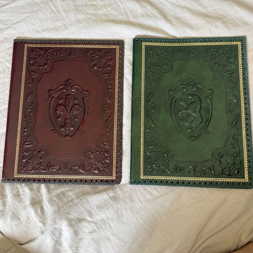Vintage Italian Leather Portfolios Green Brown Florentine Embossed Mid-century